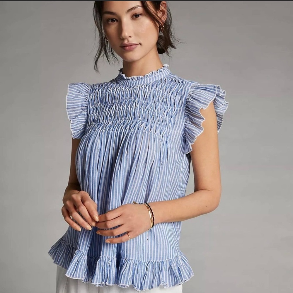 Anthro Smocked Ruffled Striped Blue Shirt